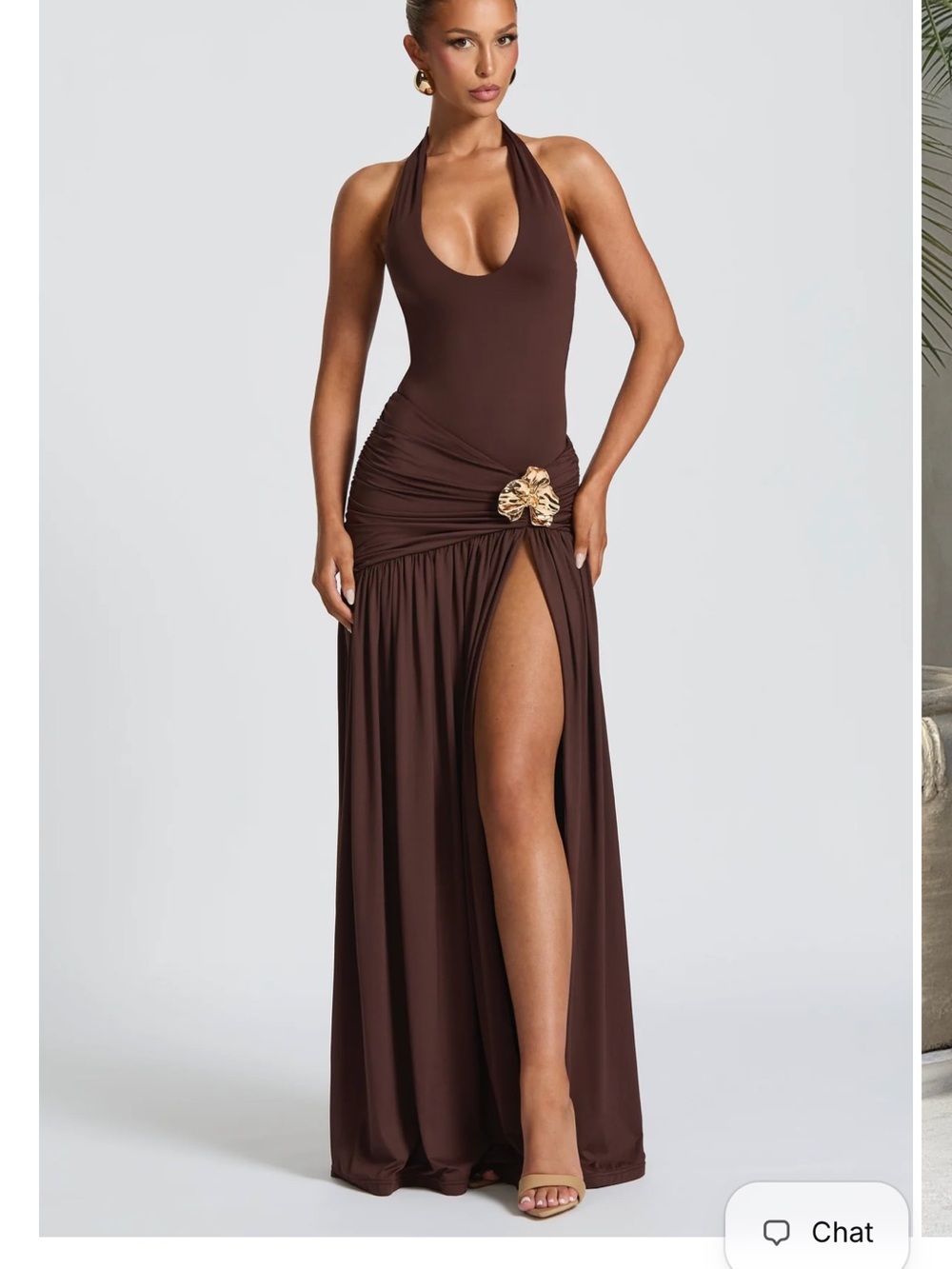 Brown Halter Maxi Dress with High Slit and Decorative Accent